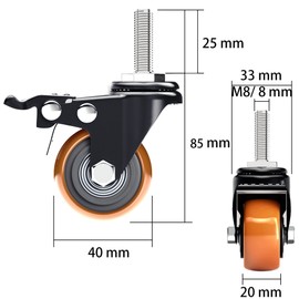 4 Pieces 40 mm Furniture Castors, Heavy Duty Castors with 180 kg Slats, 40 mm Stem Castors (Diameter 8 mm, Handle Length 25 mm) Swivel Castors Double Locking with 360 Degree Rotation (Orange)