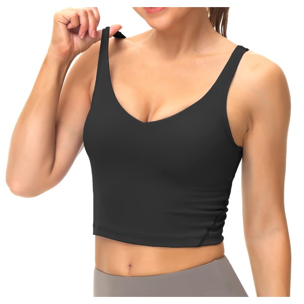 Dragon Fit Sports Bra for Women Longline Padded Yoga Bra Medium Impact Crop Tank Tops for Workout,Fitness,Running (Medium, Black)