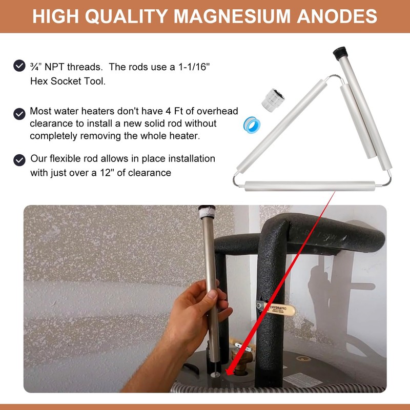 Powswopx Flexible Water Heater Magnesium Anode Rod 3/4" NPT Thread