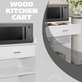 Kings Brand Furniture Dellow Microwave Cart with Storage Shelves and Drawer - 2 Shelf Veneers & Wood Kitchen Cart with Storage - Lockable & Unlockable Microwave Wooden Cart with Wheels - White