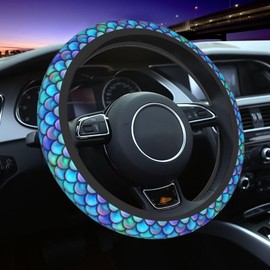 LONSANT Mermaid Scales Steering Wheel Cover for Women Men Abstract Blue and Purple Mermaid Fish Scale Wheel Protector Case Auto Car Accessories Universal for Most Cars SUV Sedans Trucks (15 Inch)