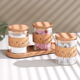 Qcold 3 Pack Glass Qtip Holder Dispenser with Cork Lid and Tray, 16 oz Bathroom Handmade Canisters Jars Cotton Ball Holder, Farmhouse Bathroom Decor Vanity Countertop Storage and Organization