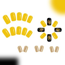 Fall Maple Leaves Press on Nails Short Thanksgiving False Nails Maple Leaves and Gold Glitter Powder Design Autumn Acrylic Nails Artificial Nails Square Full Cover Coffin Nails Glue on Nails for Women