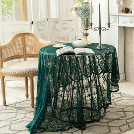 Dark Green Lace Tablecloth Round 60 inch, Elegant Floral Embroidered Table Cloth, Chic Overlay Table Cover for Wedding Banquet Party Holiday Dinner Table Decor