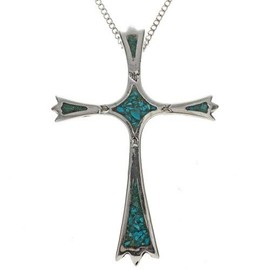 Navajo Inlaid Turquoise Sterling Cross Pendant With Silver Chain 0205