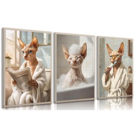 3 carteles divertidos de pared para baño, gato, esfinge, gatos, pinturas, ecléctico, decoración de pared, para baño, inodoro, decoración del hogar, sin marco