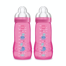 MAM Easy Active Feeding Bottle, 2 x 330ml - 6+ Months - X-Flow Teat - Ultra-Fast Speed - Pink
