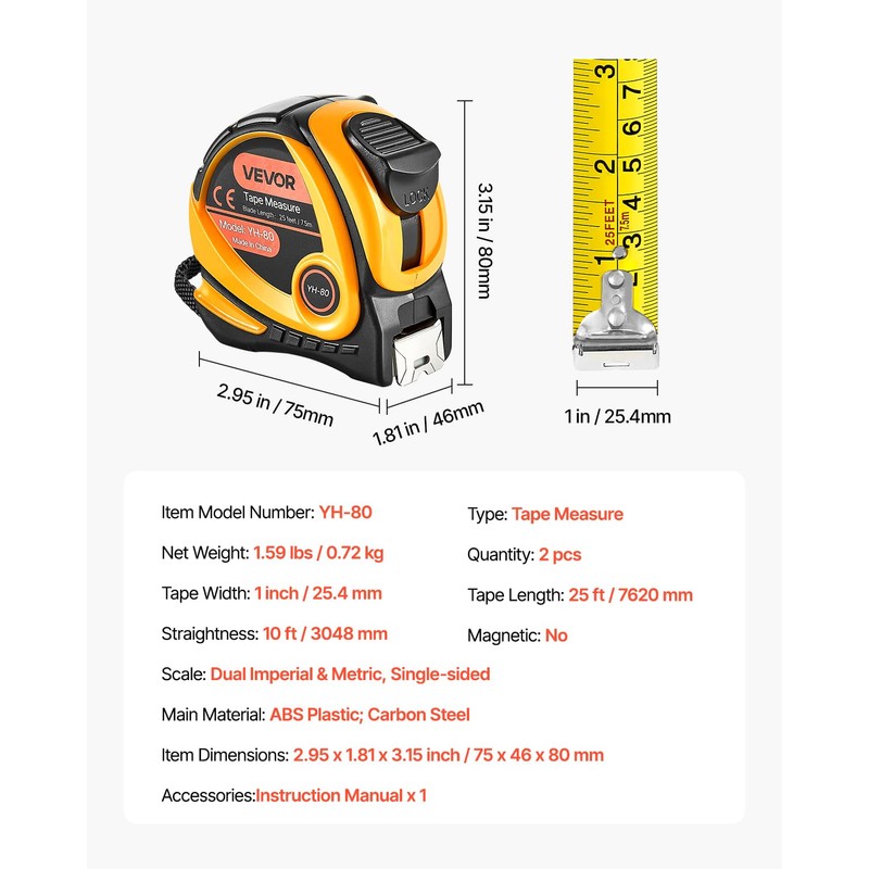 VEVOR 2 Packs Tape Measure 25 ft Length, Measuring Tape