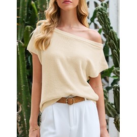 Saodimallsu Womens Off One Shoulder Sweater Tops Summer Short Sleeve Casual Loose Knit Trendy Going Out Tops Beige