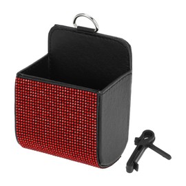 HOPESPANNER Universal 3.5" Length 2.4" Width 4.7" Height Car Trash Can Hanging Trash Bin Faux Leather Rhinestones 1 Pcs Black Red
