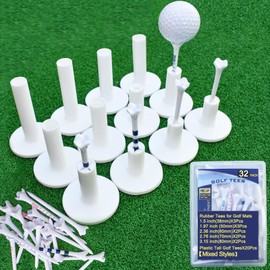 Lot of 32 Pack Value - Rubber Tees for Golf Mats | Golf Tees for Driving Range &Indoor Simulators | Golf Accessories for Indoor & Outdoor Practice, 5 Sizes Rubber Tees & Tall Plastic Golf Tees.