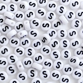 Bxwoum 100PCS Letter Beads White Round Acrylic Alphabet Beads Letter S Beads for Jewelry Making Bracelets Necklaces Key Chains DIY 4X7mm