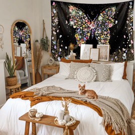 Damanse Butterfly Tapestry Wall Hanging Cute,Boho Wall Tapestry for Bedroom Aesthetic,Flower Living Room Decor for Teen Girls (Black, 49.20" x 59.10")