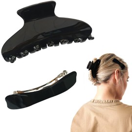 LAYONGMOLI 4“ Non-fading Large Tortoiseshell Hair Claw Clips Cellulose Acetate Fiber Ponytail Clamps Hand Polished Oil-free Tight Leopard Print Barrette Hair Ornament for Women Set of 2 (Black)