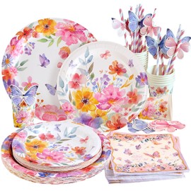 SUNBEAUTY 80 Piece Butterfly Party Tableware Set, Flower Decoration, Birthday, Paper Plates, Children's Birthday Set, Girls for Weddings, Spring Festival, Baby Shower Decoration, 16 Guests