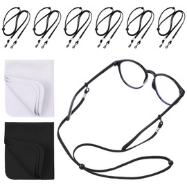 Glasses Strap (6 PCS) Eyeglasses String Holder Straps Rope Adjustable Sunglasses Lanyard Sports Eyeglass Strap Sunglass Lanyard Cord Neck Retainer with 2 Pcs Glasses cloth (Black)