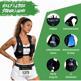 Racefuel Ultralight Hydration Vest 245 g, One Size for Men and Women - Includes 1.5 L Hydration Bladder & 2 x 500 ml Soft Flasks - Running Vest for Trail Running & Cycling