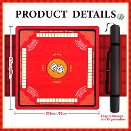 Mahjong Mat for Table with Anti Slip and Noise Reduction, 31.5" x 31.5" Game Mat with Carrying Bag for Poker, Card, Board & Tile Games(Red)