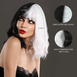 PORSMEER Black and White Wigs for Women Cruella Deville Costume Short Curly Wavy Bob Hair Wigs with Fringe Heat Synthetic Hair for Party Cosplay Halloween