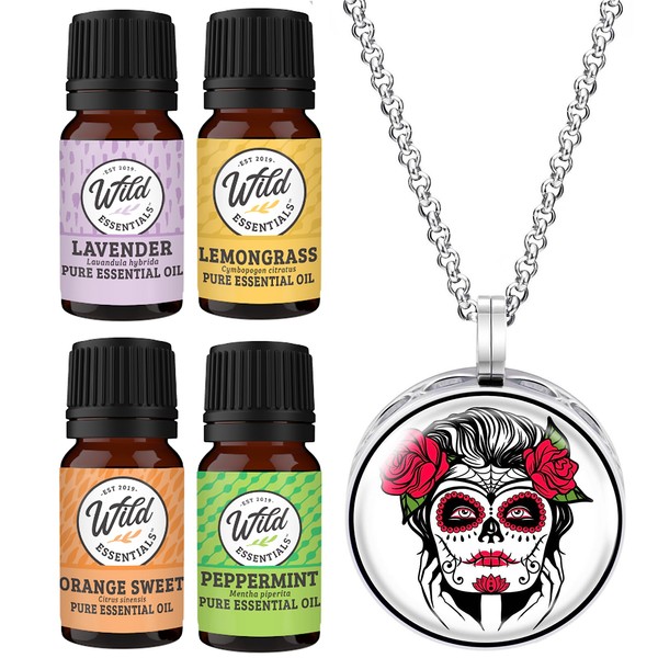 Wild Essentials Sugar Skull Tattoo Necklace Essential Oil Diffuser Kit, Lavender, Lemongrass, Peppermint, Orange Oils, 8 Refill Pads, Calming Aromatherapy Gift Set, Customizable, Perfume