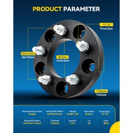 PHILTOP 5x5 to 5x4.5 Wheel Adapters, 1" Thickness 1/2" x20 Thread Pitch 82.5mm Hub Bore Wheel Adapters Fits Caprice, Wrangler, XK - 4Pcs(Change Bolts Pattern)