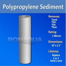 Ronaqua 6 Pack Sediment 1 Micron Water Filter Cartridges 2.5" x 10" for Reverse Osmosis