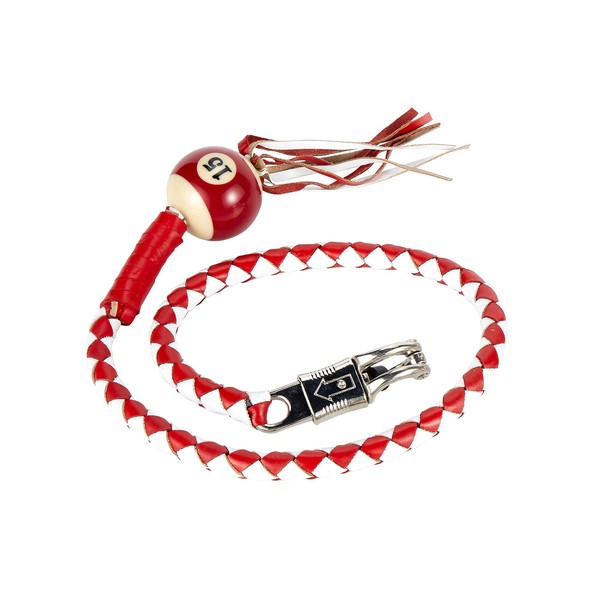 Dream Apparel 42" Leather Motorcycle Get Back Whip for Handlebar Fringed Biker Whip With Pool Ball, White and Red