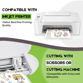 60 Sheets Premium Printable Vinyl Sticker Paper for Inkjet Printers Glossy White 8.5x11 Inch Waterproof & Vibrant Colours Retains Ink Well Tear Resistant Great for Cutting Machines