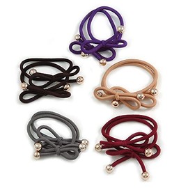 Avalaya 5 Multicoloured Bow with Gold Tone Bead Design Hair Elastic Set/Ideal for School
