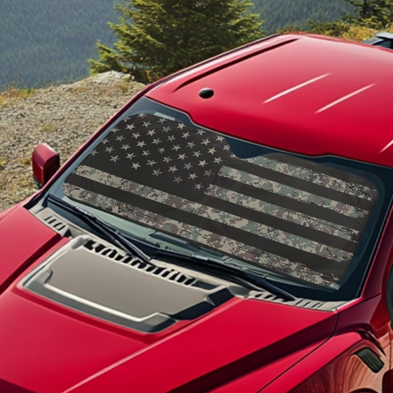 HUISEFOR Camo Car Sun Shade with Storage Pouch American Flag