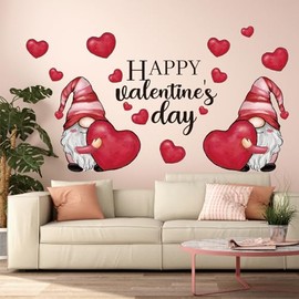 JarThenaAMCS Happy Valentine's Day Wall Stickers Gnome Love Heart Wall Decals Large Room Mural Stickers for Wedding Anniversary Party, 9.8 x 13.8 Inch, 4 Sheets
