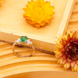 Tuscany Silver Women's Sterling Silver Rhodium Plated 6x8mm Green Oval CZ and White Marquise CZ Ring #N