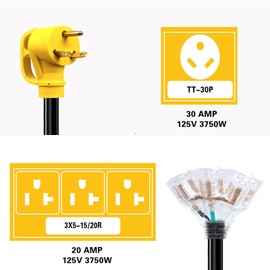 ANSCHE 30 Amp to 110 Adapter,30 Amp to 20 Amp RV Adapter NEMA TT-30P Male to 3X 5-15R/5-20R Female Outlet, 1.2 FT RV Electrical Adapter Extension Cord