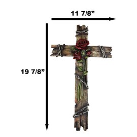 Ebros Gift 20" Tall Rustic Western Faux Wooden Inspirational Valentine Love Red Roses Stalk With Barbed Wires Decorative Wall Cross Wild West Decor Plaque