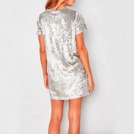 R.Vivimos Women's Summer Short Sleeve Crushed Velvet Mini Short Dresses (Medium, Silver)