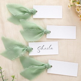 Humyoun 50 Pcs Name Place Cards for Table Setting Blank Wedding Place Cards with Chiffon Ribbon 1.57 x 3.54 Inch Hanging Gift Tags for Wedding Dinner Banquet Party Table Setting Supplies(Sage Green)