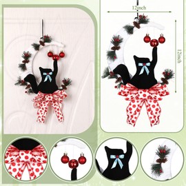 Black Cat Christmas Moon Wreath Decorations 12 Inch Crescent Moon Christmas Wreaths for Front Door with Polka Dot Bow Mini Xmas Balls Artificial Pine Cones and Branches for Indoor Outdoor Wall Decor