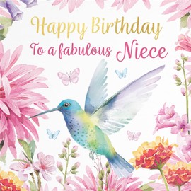 Hunts England - Niece Hummingbird Birthday Card For Her - With Gold Foil - Pretty Flowers - Milo's Gallery - Birthday Card For Niece - Female Birthday Card For Fabulous Niece