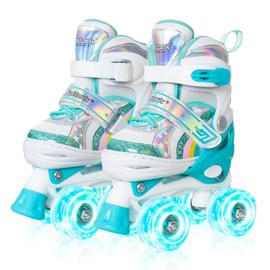 Girls Rainbow Unicorn Roller Skates for Little Kids Toddler Ages 3-5 3 4 5, 4 Size Adjustable Quad Skates with All Light Up Wheels - Best Birthday Gift for Outdoor Sports - Teal