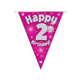 Party Bunting Happy 2nd Birthday Pink Holographic 11 flags 3.9m