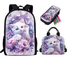 Salabomia Cat School Bookbag for Girls, 3PCS Lightweight Kids Book Bag with Lunch Box Cute Pencil Case, Large Girls Backpack for School Elementary Middle High School Backpack, Purple
