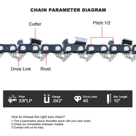 V-MODEST 3-Pack 10 Inch Chainsaw Chains 40 Drive Links 3/8"LP Pitch .043" Gauge Low Kickbac fits Ryobi P546, Husqvarna 436Li 536LiXP, Milwaukee, Craftsman 79245 Pole Saw, Echo CS271 2620 Ego MPS1001