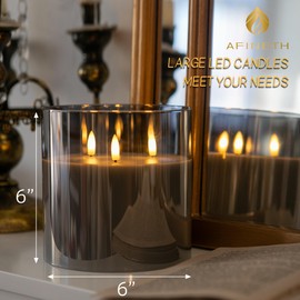 AFINETH Extra Large Flameless Candles with 3 Wicks, 6"x6" Glass Battery Operated Candles with Remote, Real Wax Flickering LED Candles Fake Candle for Home, Wedding, Party, Gray