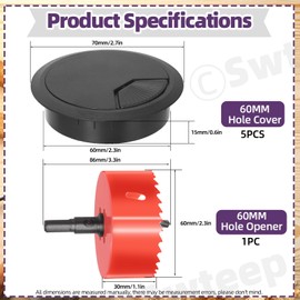 Swpeet 6Pcs Black Desk Cable Wire Grommet Cord with Hole Saw, Tidy Cable Hole Cover Organizers, Desk Wire Cord Cable Grommets Hole Cover, 1Pcs 2.36Inch_60mm Tools Hole Saw with Arbor for Office Desk