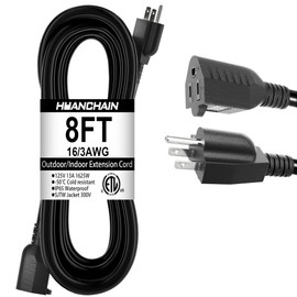 HUANCHAIN 8 FT 16 Gauge Black Indoor Outdoor Extension Cord Waterproof, Flexible Cold Weather 3 Prong Electric Cord Outside, 13A 1625W 125V 16AWG SJTW, ETL Listed