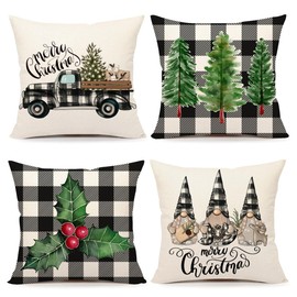 4TH Emotion Buffalo Check Christmas Pillow Covers 16x16 Set of 4 Black White Farmhouse Xmas Decorations Gnomes Trees Truck Winter Holiday Decor Throw Cushion Case for Home Couch S24C07-16