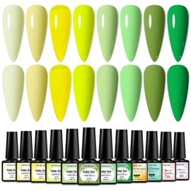 Four Lily Yellow Green Gel Nail Polish Set 12Pcs Nude Nail Polish Sage Forest Lime Green Pastel Lemon Yellow Gel Polish Kit Summer Colors Manicure Kit DIY at Home