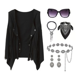 Quxiante Western Cowgirl Outfits for Women, Cowboy Rodeo Country Outfits Vest Tops Jewelry Accessories Set (Black, Medium)