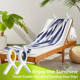 Oneasmot 12-Pack Beach Towel Clips - Windproof No-Indentation Spring Clamps for Sand-Free Towels, Blankets, Pool Loungers, Outdoor Camping Chairs, and Travel, with Storage Bag (Blue & Yellow)