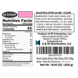 Extra Large Rock Candy Sticks: 24 Pink Cherry Lollipop - Individually Wrapped - Espeez Rock Candy Sticks for Candy Buffet, Birthdays, Weddings, Receptions and Baby Shower